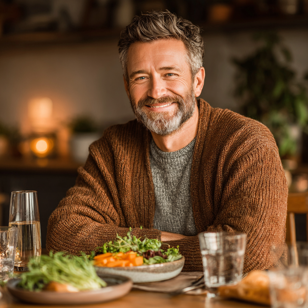 Happy middle-aged man in his 40s sitting at dinner table with healthy meal, smiling while enjoying nutritious food in warm home environment
