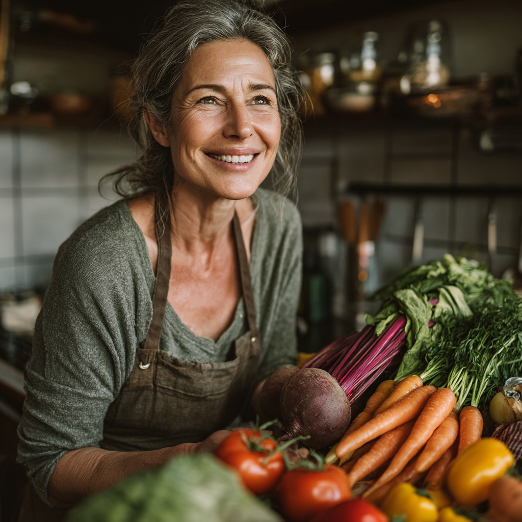 Healthy middle-aged woman in her 50s preparing fresh vegetables in a modern kitchen, smiling while holding colorful organic produce